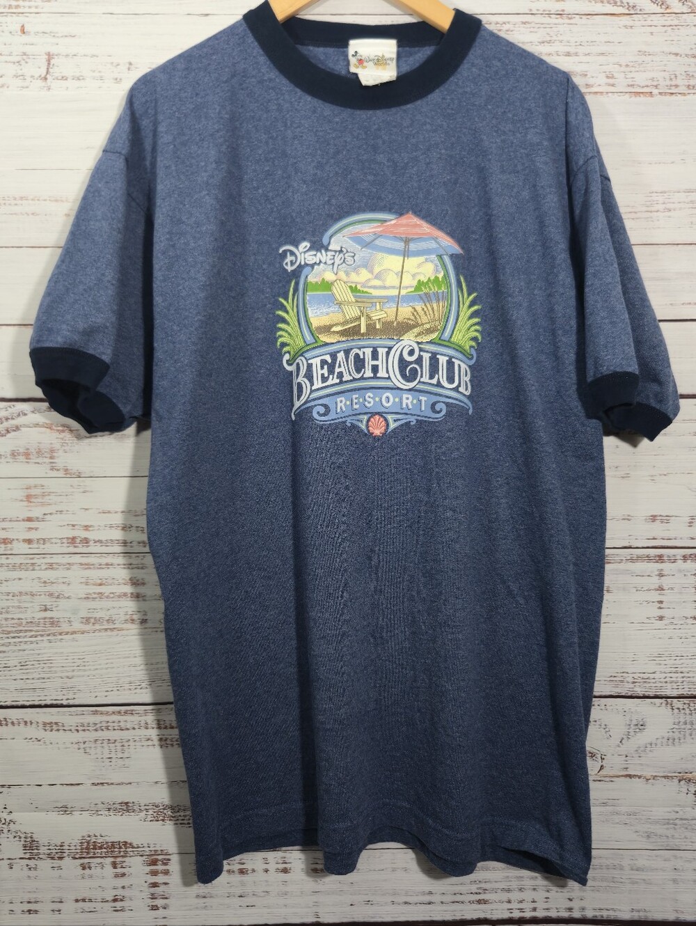Vintage Walt Disney World Beach Club Resort Logo Blue Heather Ringer T Shirt XL